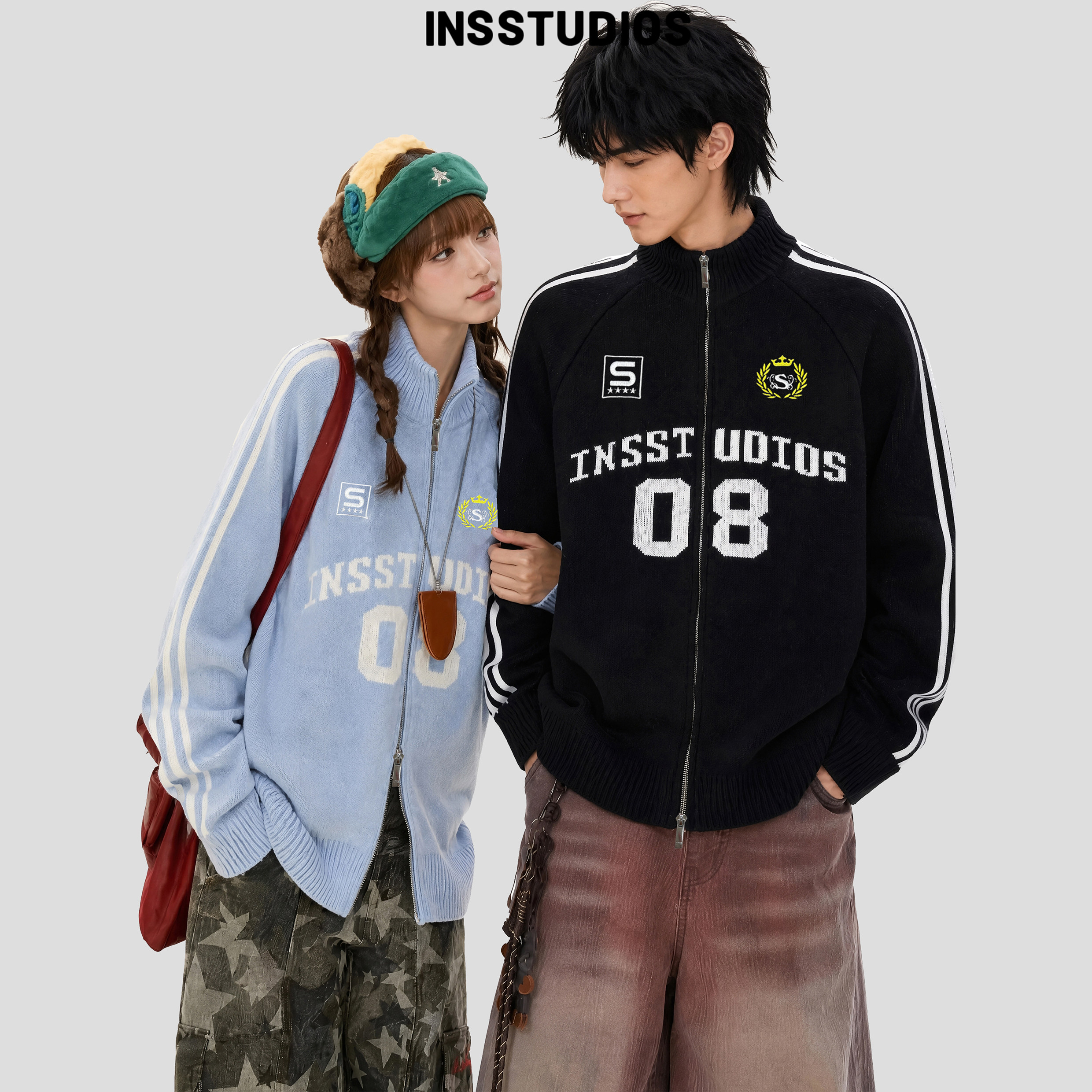 INSstudios 国潮美式「双拉链三条杠开衫毛衣」宽松立领针织外套