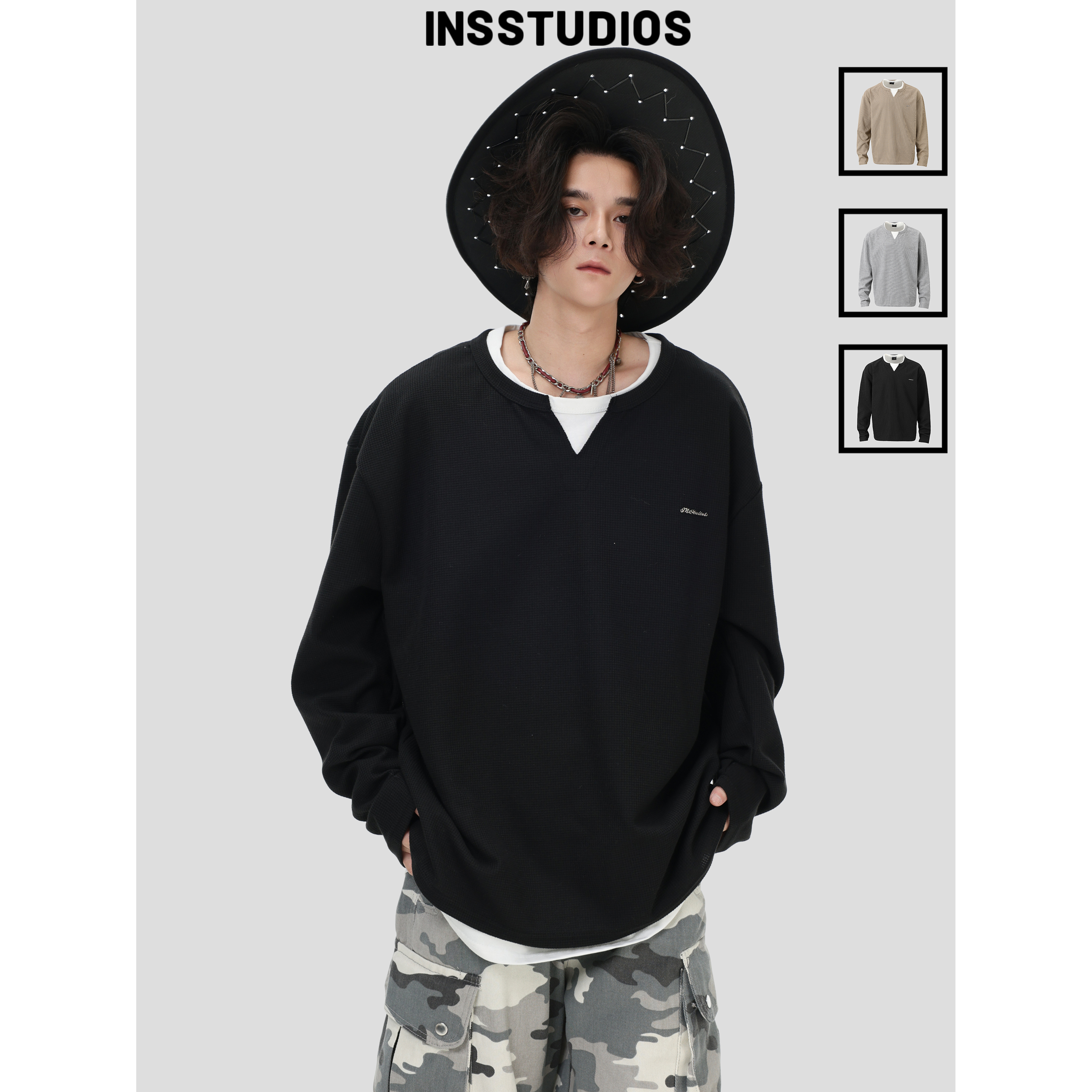 INSstudios「V领华夫格长袖」