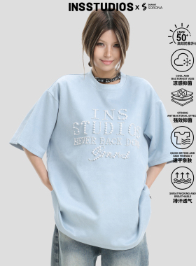 INSstudios 国潮牌情侣美式珍珠LOGO钉珠麂皮绒短袖冰皮凉感t恤男