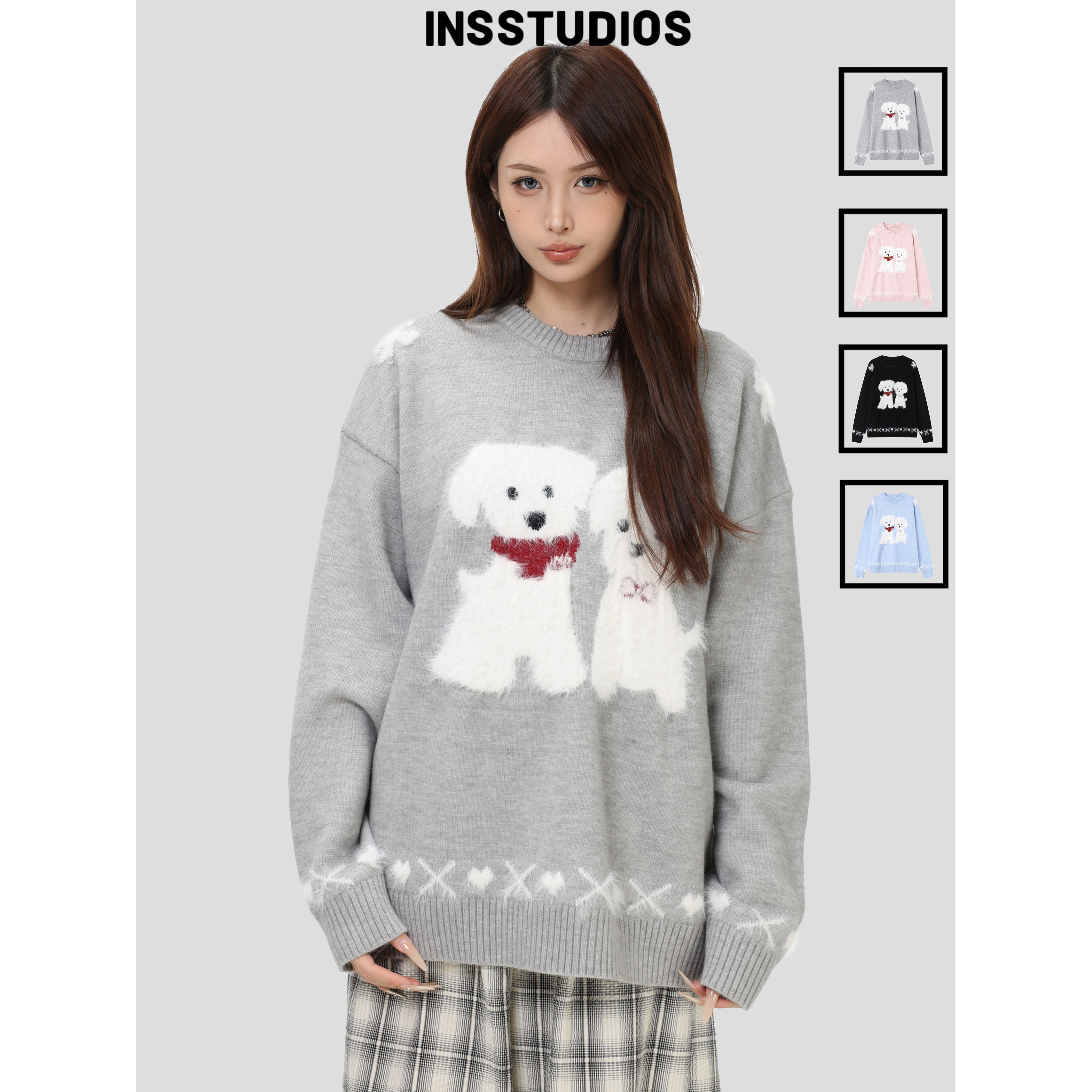 INSstudios毛绒小狗提花套头毛衣