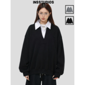 领假两件加绒卫衣」宽松老钱风上衣 「衬衫 INSstudios 国潮牌美式