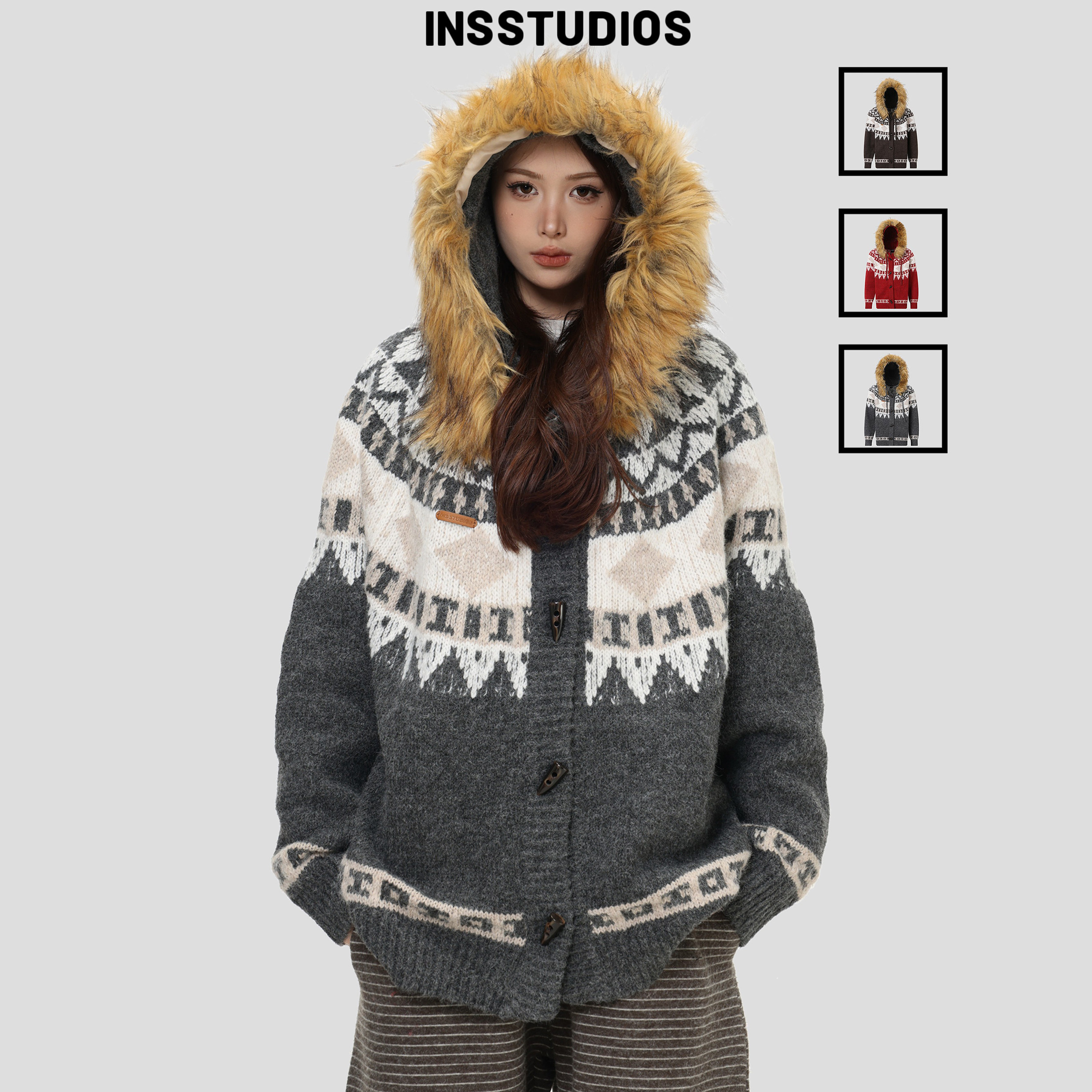 INSstudios可拆卸毛领费尔岛毛衣