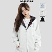 拼接格子假两件卫衣宽松加绒开衫 INSstudios 国潮牌情侣美式 外套