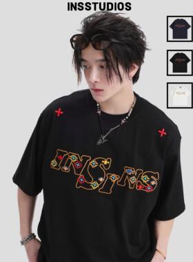 INSstudios 国潮牌情侣美式复古几何刺绣LOGO短袖宽松纯棉半袖T恤