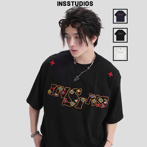 INSstudios复古几何刺绣LOGO短袖