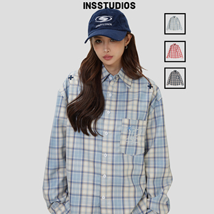 长袖 」宽松春季 衬衣外套 国潮复古「刺绣LOGO格纹衬衫 INSstudios