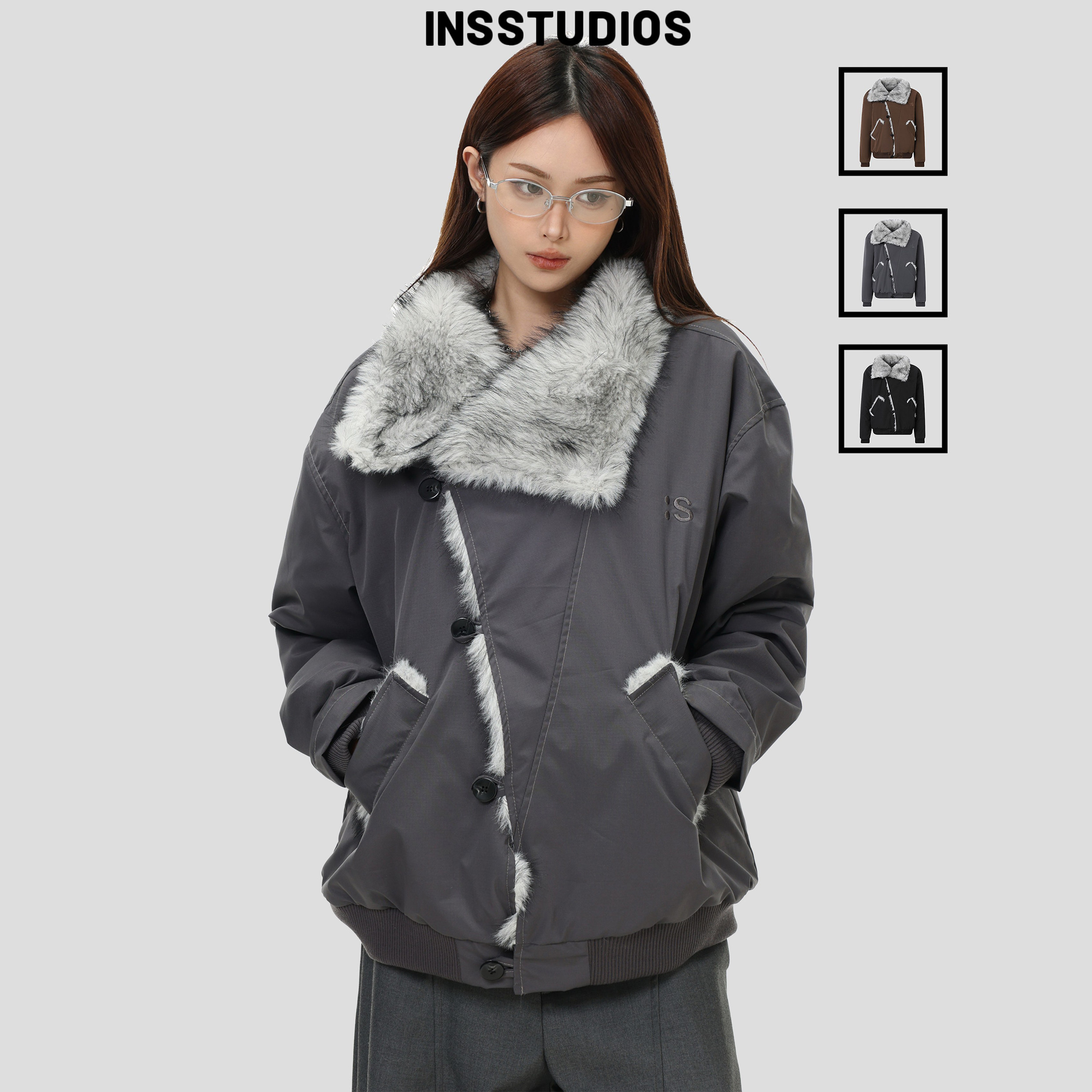 INSstudios 国潮美式「大翻领毛领斜门襟棉服」宽松保暖棉衣外套,男装,棉衣,淘宝优惠券,粉丝福利购,淘宝优惠卷