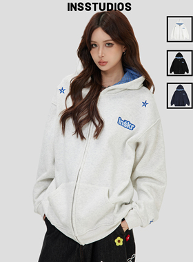 INSstudios 国潮美式复古「格子拼接开衫卫衣」宽松加绒拉链外套