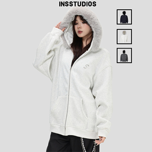 INSstudios 国潮美式「别针LOGO毛领开衫卫衣」宽松加绒连帽外套