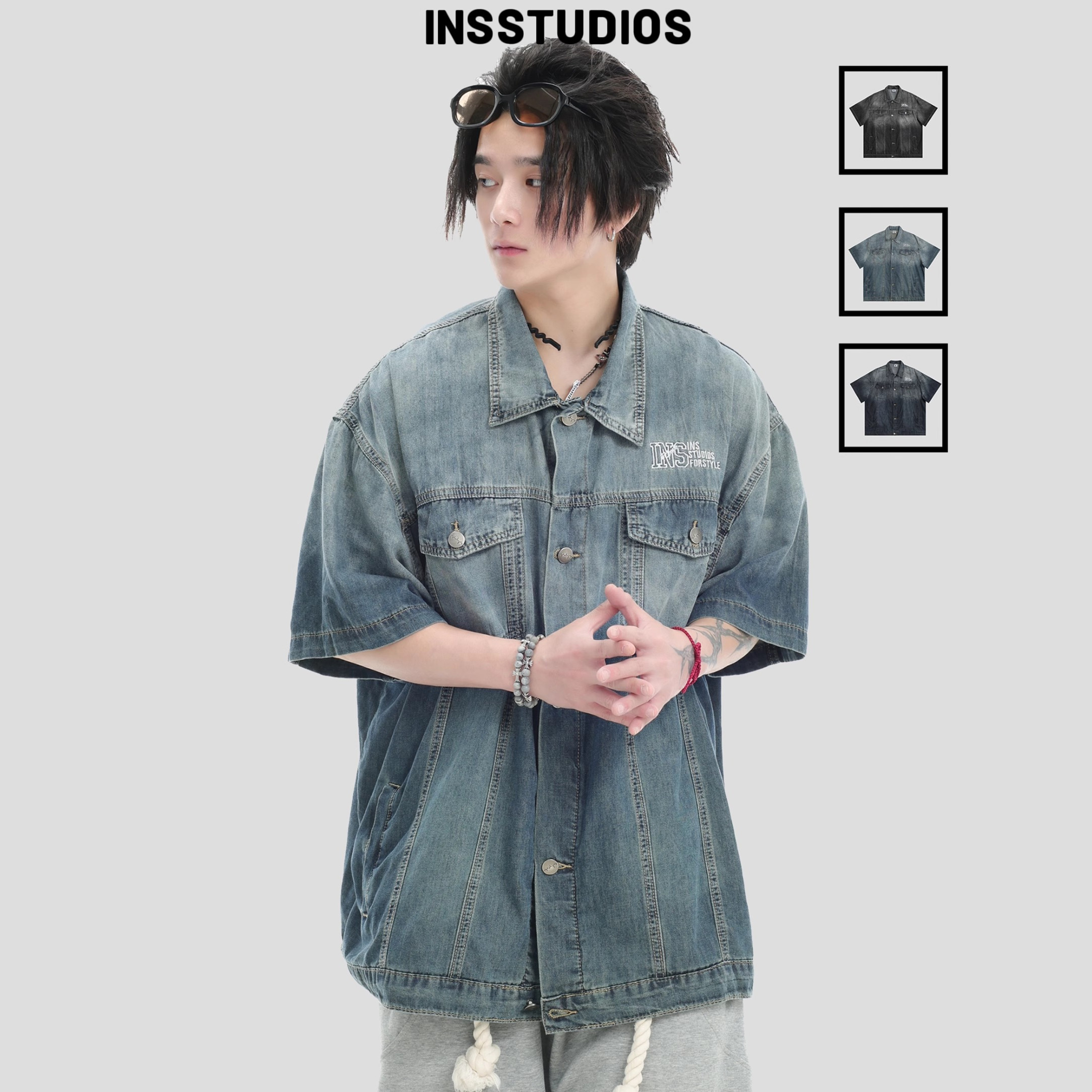 INSstudios多口袋渐变牛仔衬衫