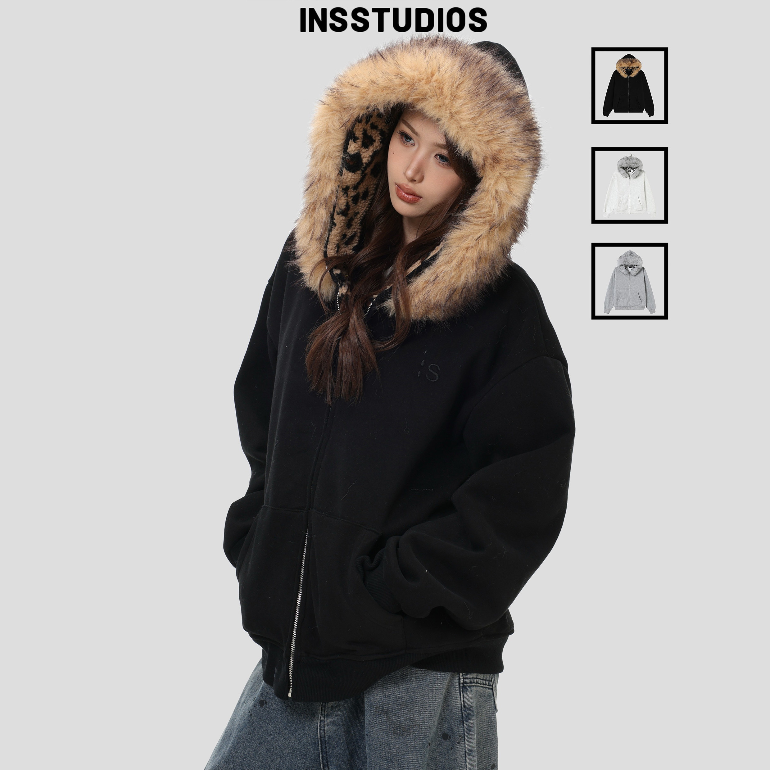 INSstudios 国潮牌美式「豹纹大毛领加绒卫衣」宽松仿羊羔毛外套,男装,卫衣,淘宝优惠券,粉丝福利购,淘宝优惠卷