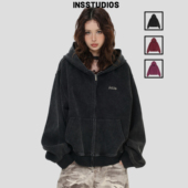 「水洗炒色短款 INSstudios 国潮美式 连帽卫衣」宽松加绒拉链外套