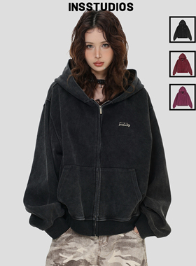 INSstudios 国潮美式「水洗炒色短款连帽卫衣」宽松加绒拉链外套