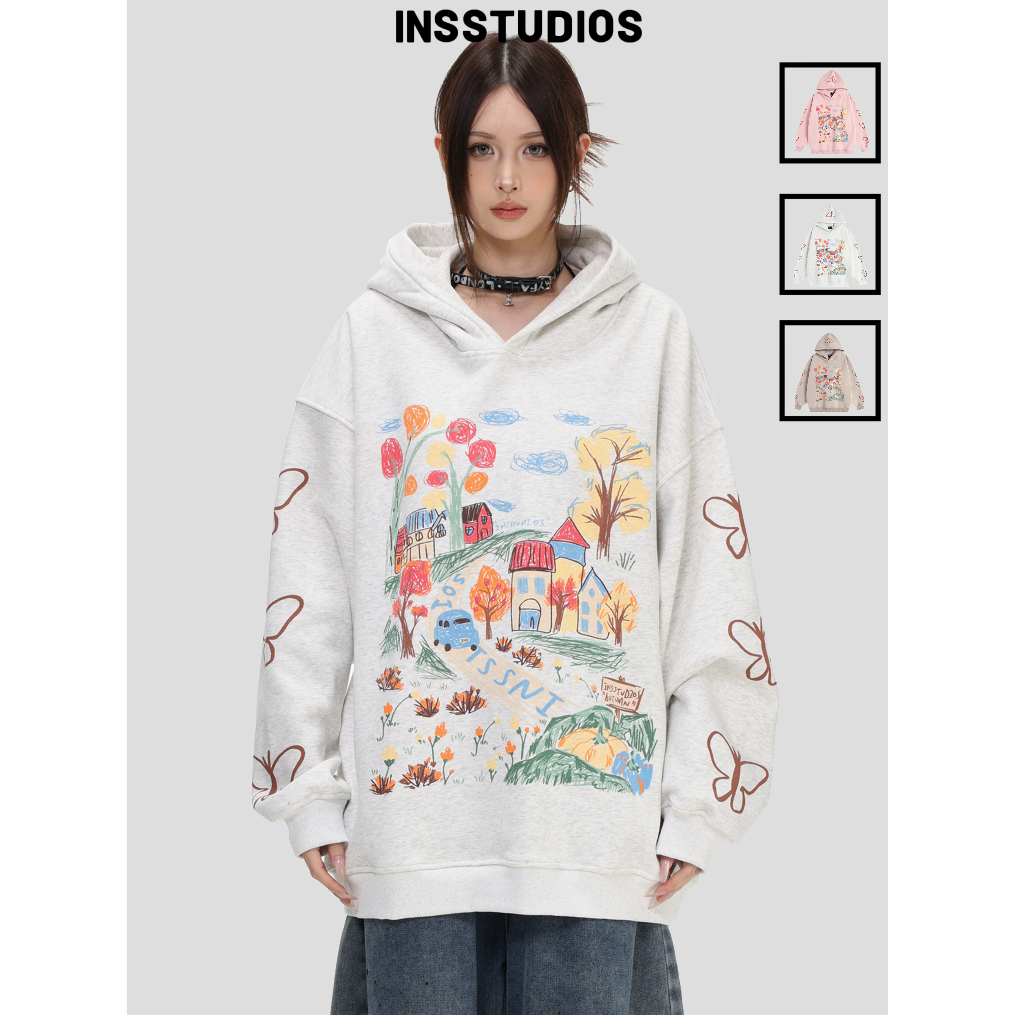 INSstudios「手绘涂鸦连帽卫衣」