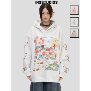 INSstudios 国潮情侣美式「手绘涂鸦连帽卫衣」宽松加绒帽衫上衣