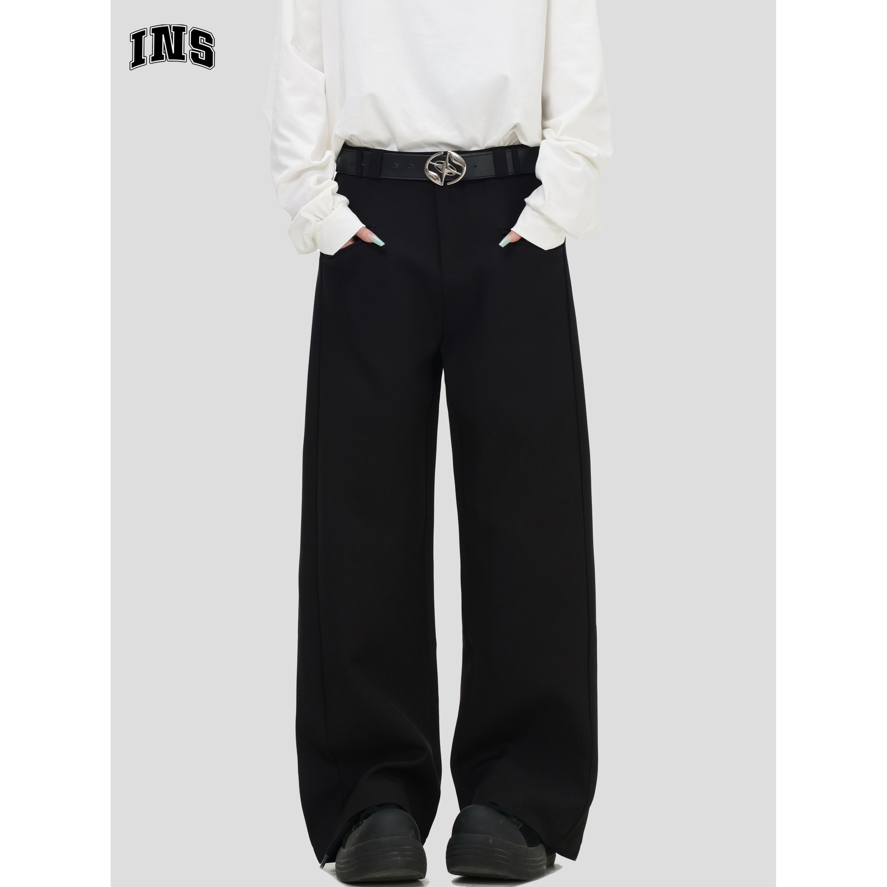 INSstudios 国潮牌情侣美式垂感黑色休闲西裤宽松直筒阔腿长裤子,男装,休闲裤,淘宝优惠券,粉丝福利购,淘宝优惠卷