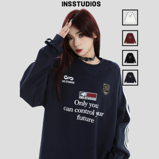 宽松圆领条纹长袖 徽章LOGO暖皮打底衫 T恤 国潮情侣美式 INSstudios