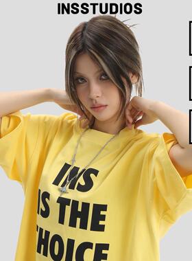 INSstudios 国潮牌情侣美式字母印花LOGO黄色短袖宽松棉打底t恤