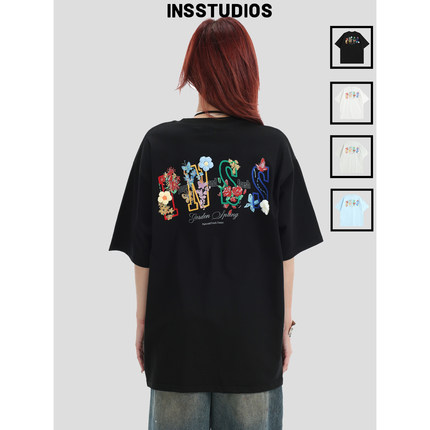 INSstudios 国潮牌情侣美式立体毛线小花刺绣LOGO短袖宽松纯棉T恤