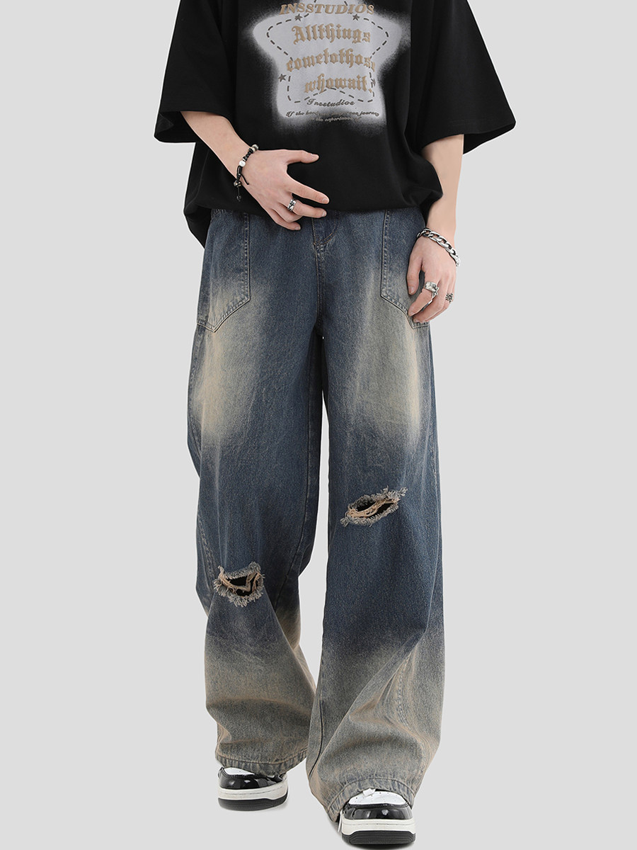 INSSTUDIOS AMERICAN CUT WASH GRADIENT JEANS LOOSE STREET STRAIGHT PANTS
