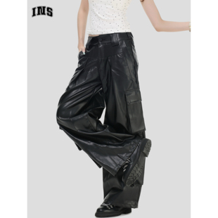 宽松直筒阔腿PU长裤 INSstudios 皮裤 复古多口袋工装 子 国潮牌美式