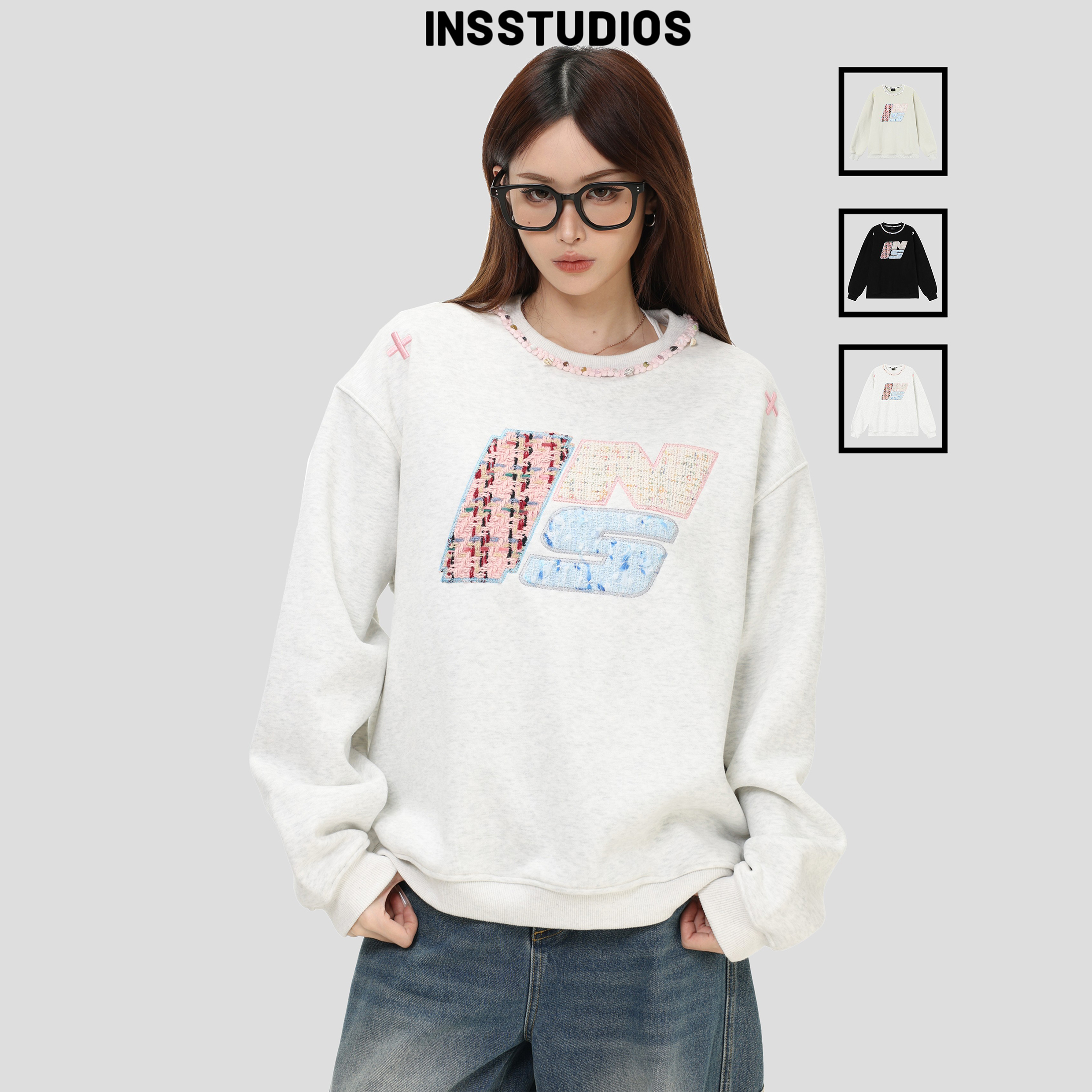 INSstudios小香风贴布圆领卫衣