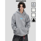 「刺绣LOGO灰色连帽卫衣」宽松加绒帽衫 INSstudios 国潮牌美式 男
