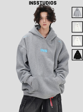 INSstudios 国潮牌美式「刺绣LOGO灰色连帽卫衣」宽松加绒帽衫男