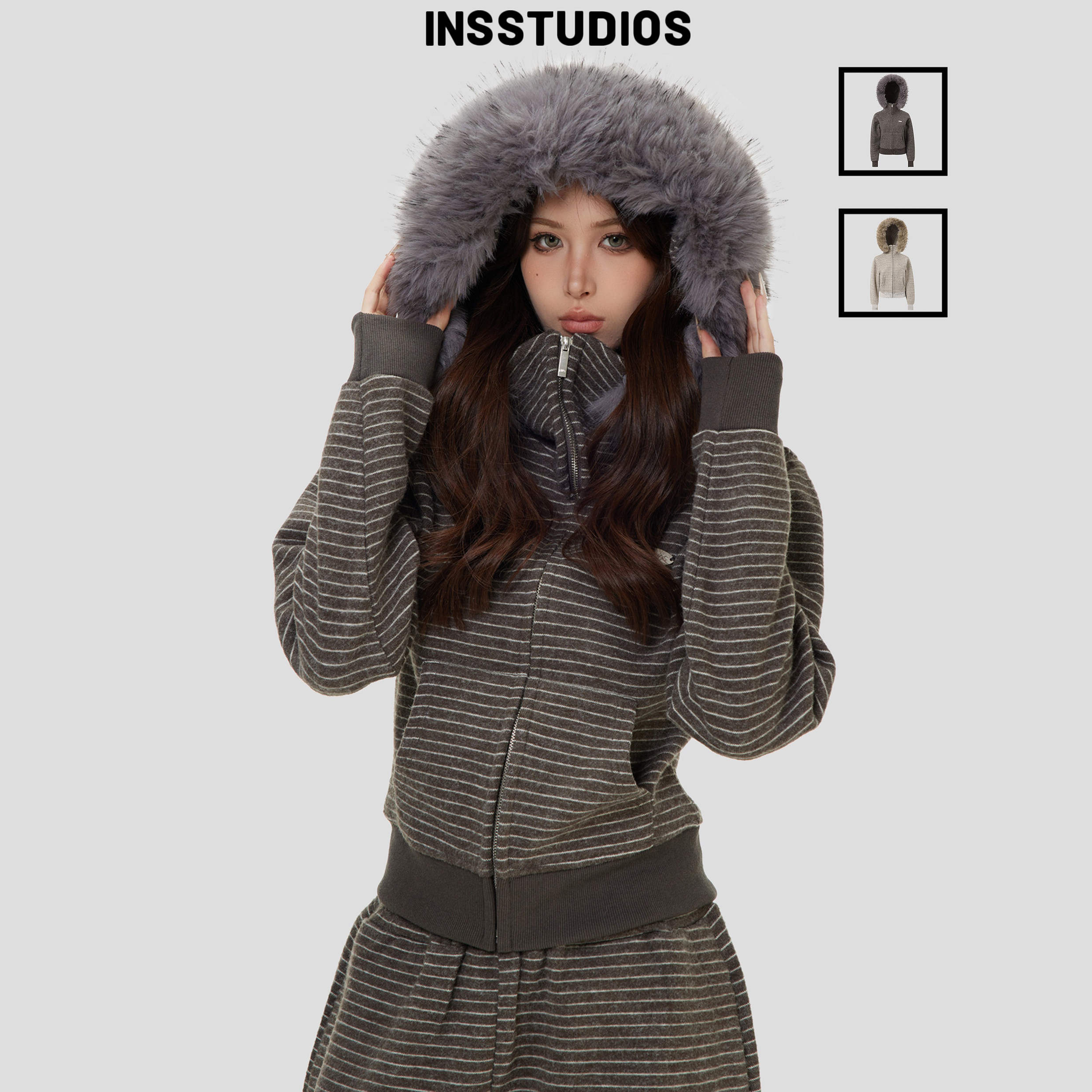 INSstudios 国潮美式「绒感条纹毛领卫衣休闲套装」短款拉链外套,男装,卫衣,淘宝优惠券,粉丝福利购,淘宝优惠卷