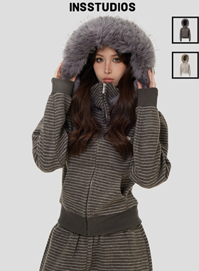 INSstudios 国潮美式「绒感条纹毛领卫衣休闲套装」短款拉链外套