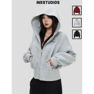 INSstudios 国潮牌「收腰短款珍珠连帽卫衣」宽松廓形开衫外套女