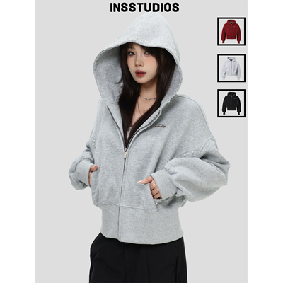 INSstudios收腰短款珍珠连帽卫衣