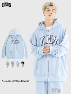 INSstudios 自制国潮情侣圈织软卫衣拉链外套 雪糕系四色LOGO开衫