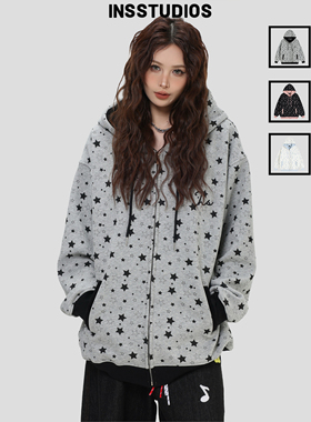 INSstudios 国潮美式复古「星星满印灰色连帽卫衣」加绒拉链外套