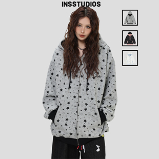INSstudios 复古「星星满印灰色连帽卫衣」加绒拉链外套 国潮美式
