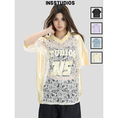 INSstudios蕾丝拼接镂空插肩短袖