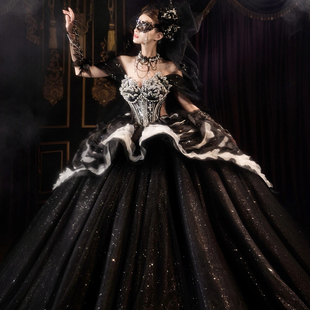 新娘婚纱黑色主题婚纱礼服个性 2025新款 抹胸重工拖尾 皎月女神