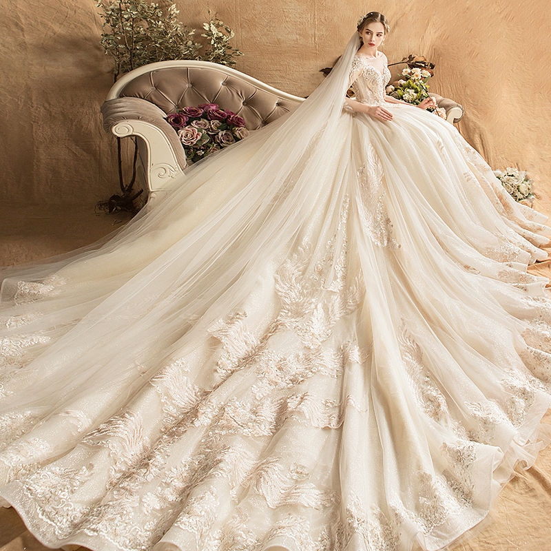 【凤尾花】宫廷法式重工拖尾2020新款新娘结婚长袖梦幻婚纱礼服女