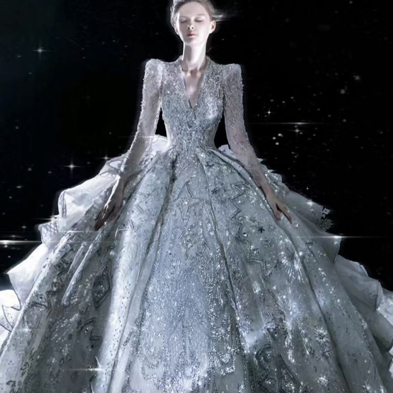 【海的女儿】新款新娘结婚婚纱2025宫廷风长袖法式公主重工大拖尾