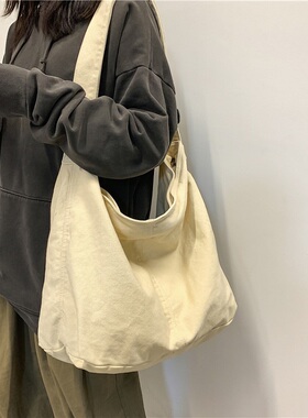 斜挎包女大学生上课包包女ins风日系大容量纯色帆布包单肩托特包