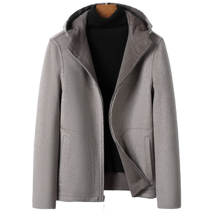 秋冬外套男毛呢短款修身连帽双面羊绒呢子大衣双面呢带帽夹克冬季