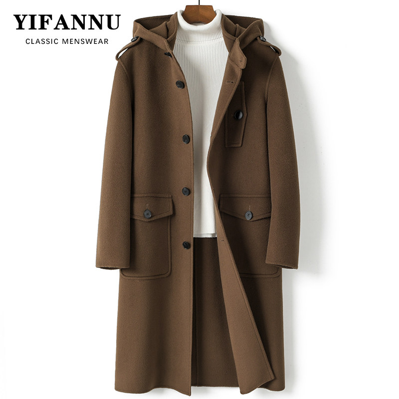 新款双面纯羊毛呢大衣男中长款学院风连帽外套牛角扣宽松风衣加厚