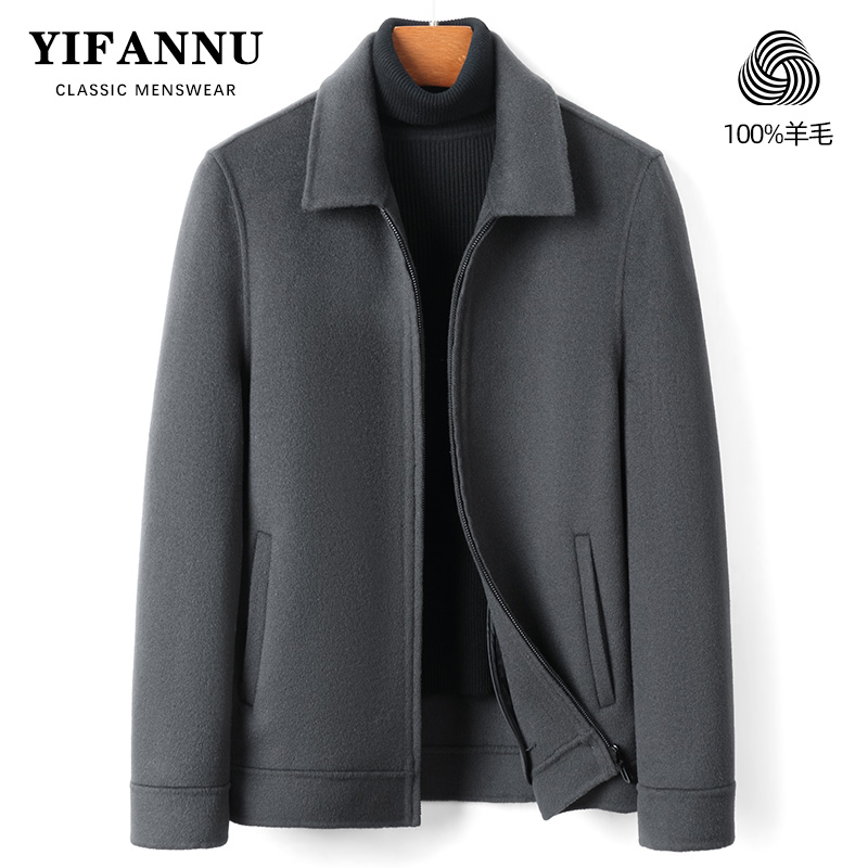 新款毛呢大衣男短款翻领夹克双面呢子100%纯羊毛呢子加厚修身外套