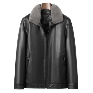 海宁真皮皮衣羽绒服男头层牛皮皮夹克水貂领皮毛一体爸爸外套冬季