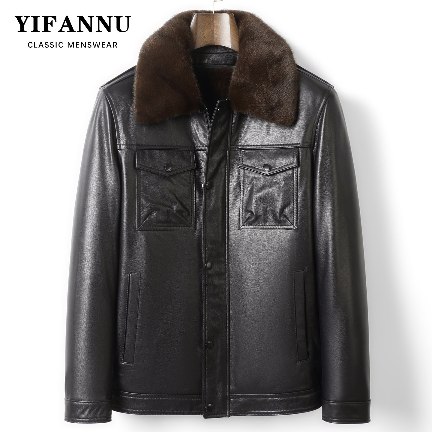 冬季真皮皮衣男头层牛皮短款翻领皮衣夹克爸爸款皮毛一体外套加厚