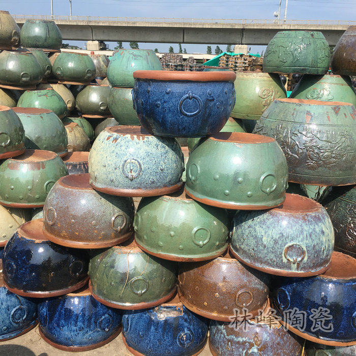 宜兴田园落地摆件陶器瓶 圆圈古钉鱼缸 园林摆设窑变釉面陶瓷花盆