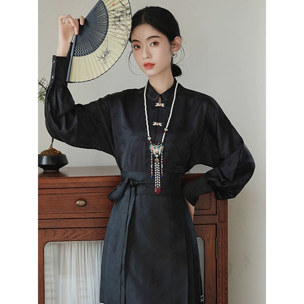 配马面裙的衬衣女改良汉元素汉服黑色衬衫新中式国风立领上衣秋季