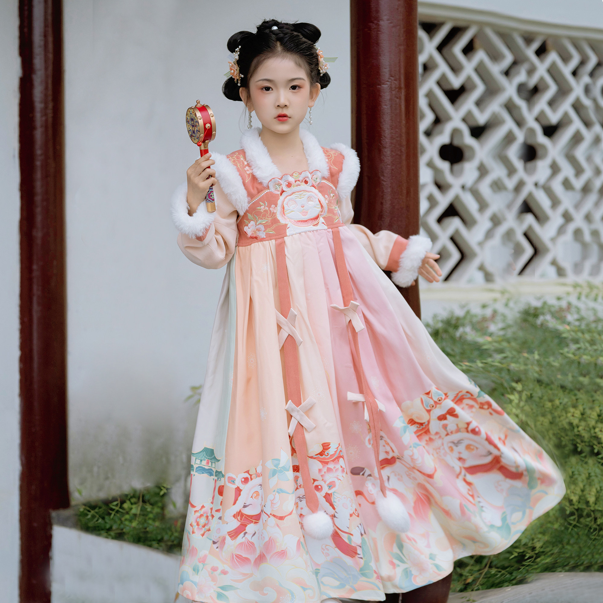 洛竹原创加绒可爱虎头秋冬女童齐胸襦裙唐装中国风古装儿童汉服仙