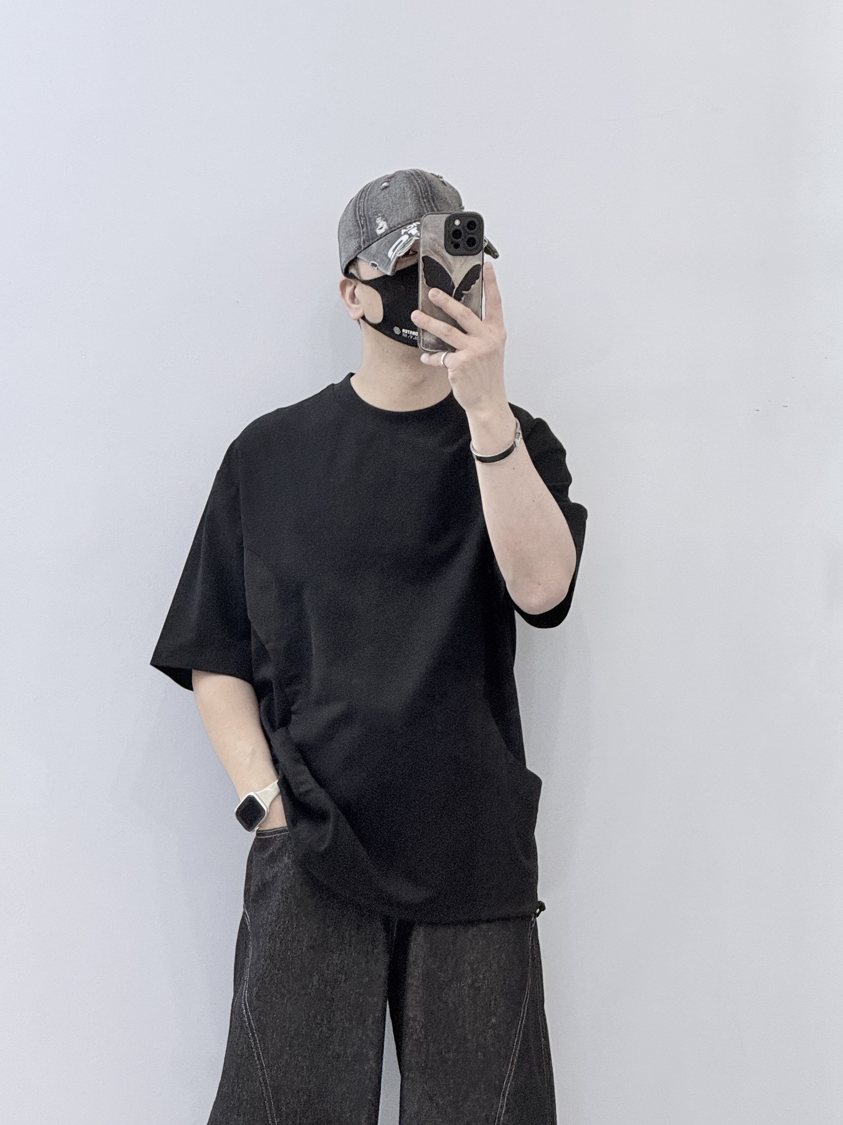 潮牌美式高街短袖T恤男夏季宽松休闲百搭圆领拼接口袋抽绳上衣