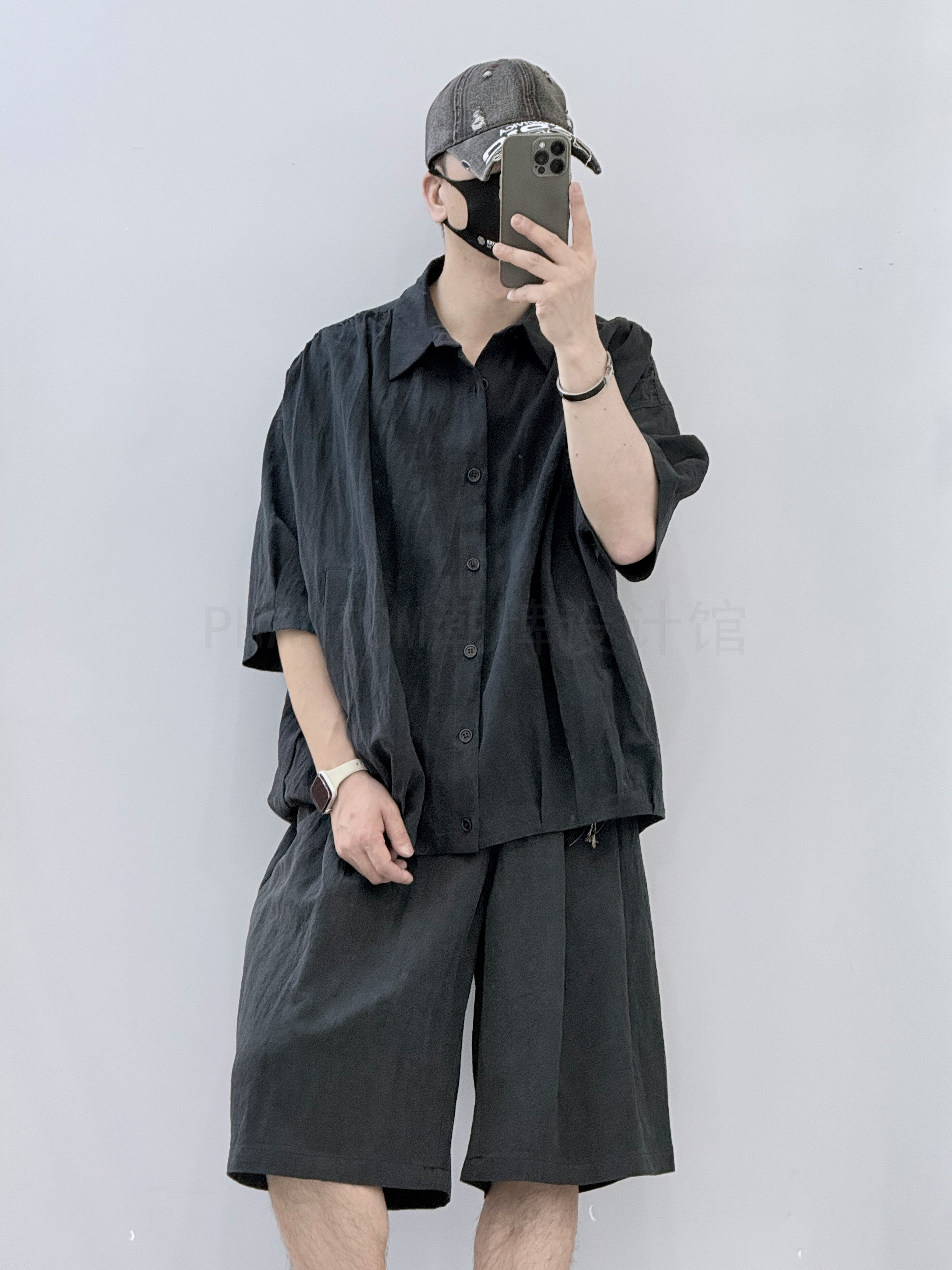 美式设计感做旧男五分裤套装